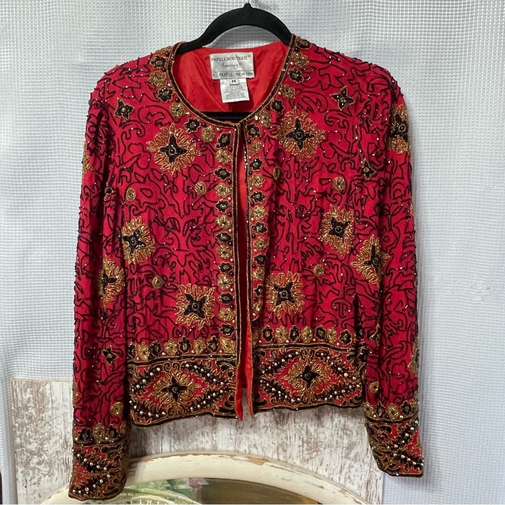 Vintage Adrianna Papell Boutique Evening Red Silk Beaded Jacket Size Medium